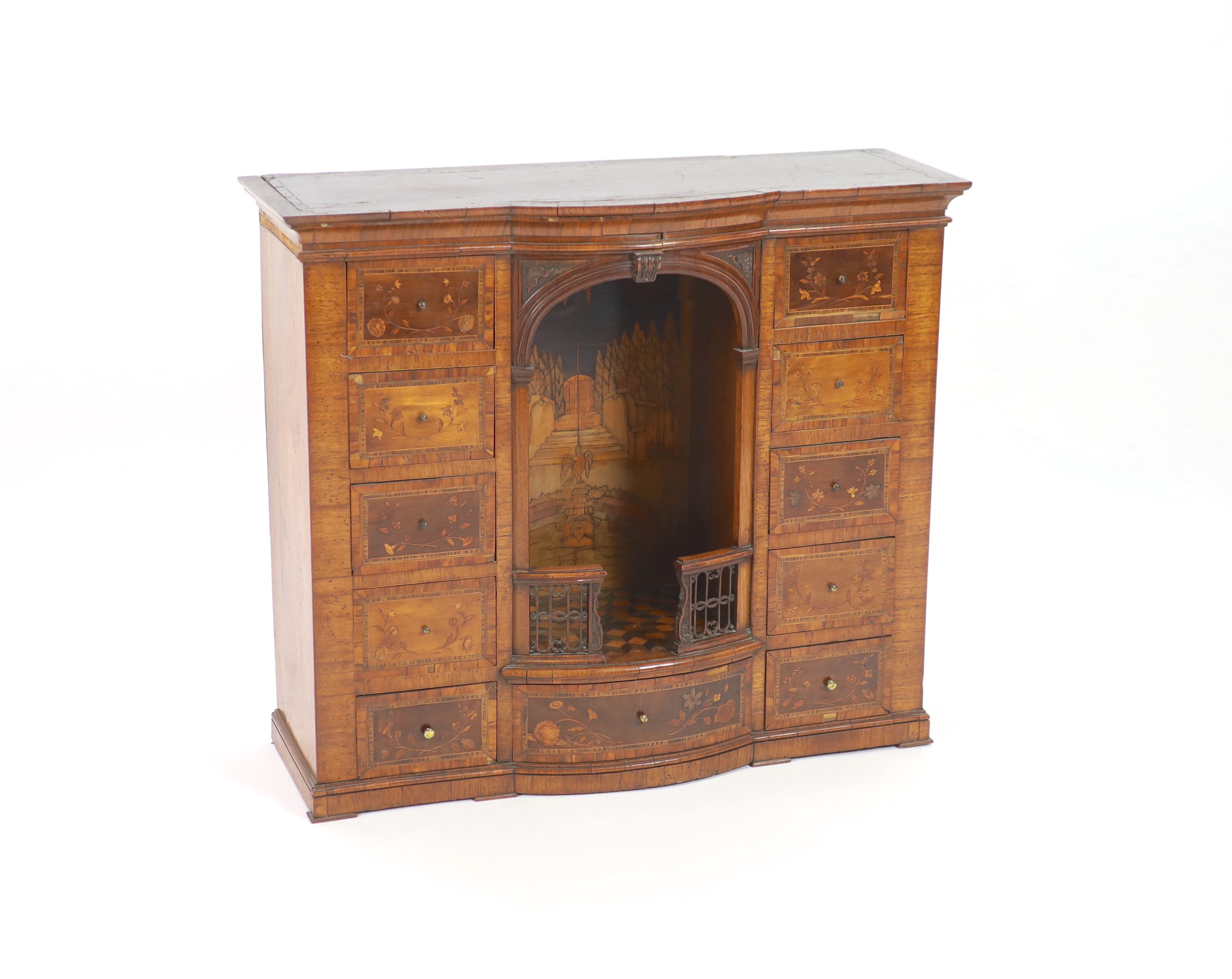 A late 18th century Dutch walnut and marquetry collectors cabinet W 88cm. D 32cm. H 77cm.